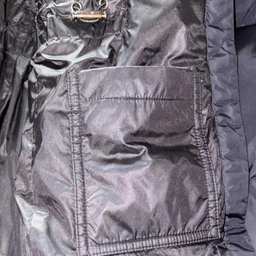 EUC Women's Black Puffer Down Coat trimmed removable hood Waist Defined by Coach - Picture 7 of 15